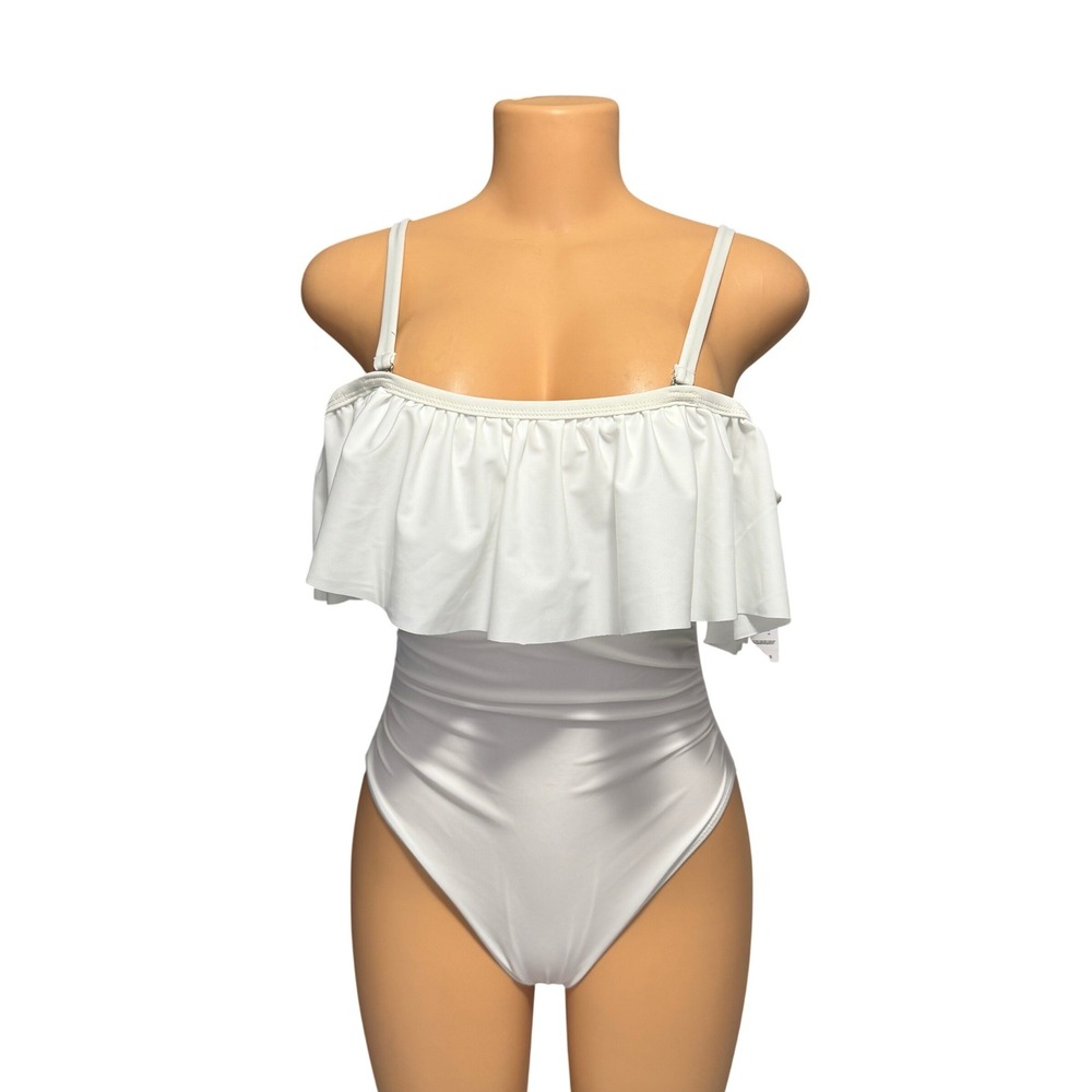Tahari White Shoulder Ruffle One Piece Swimsuit Ruched TOE-85-WH Size M